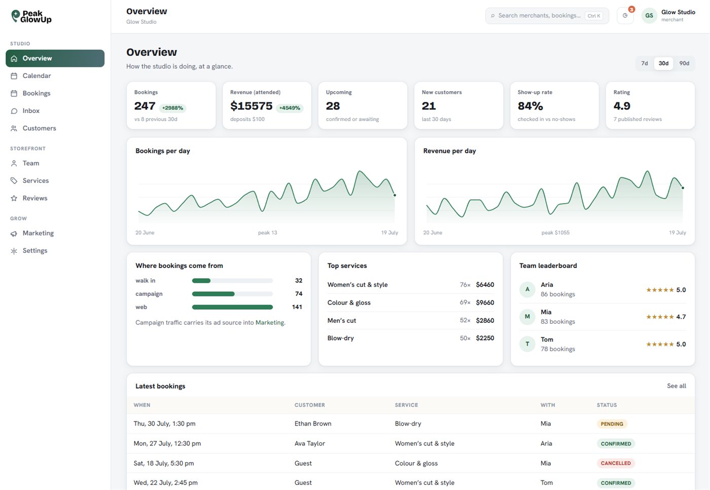 The PeakGlowUp studio portal: live bookings, revenue per day and team performance